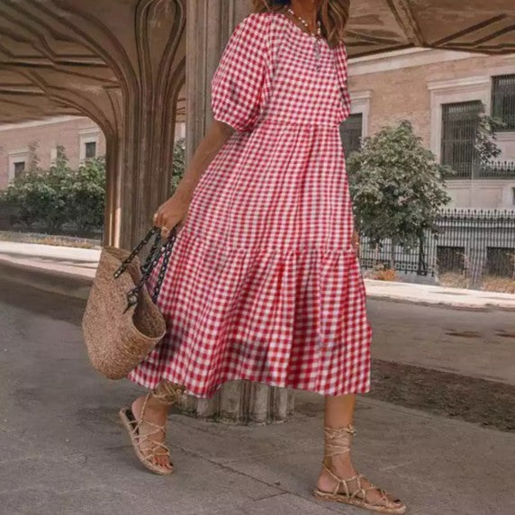 Women's Fashion Casual Long Plaid Stitching Loose Dress