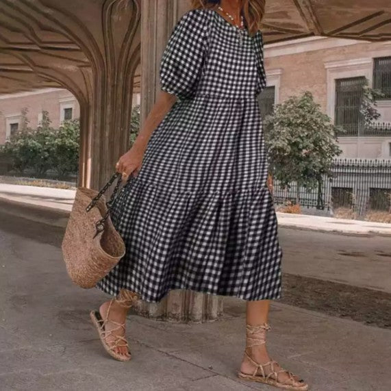 Women's Fashion Casual Long Plaid Stitching Loose Dress