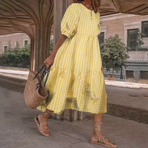 Women's Fashion Casual Long Plaid Stitching Loose Dress